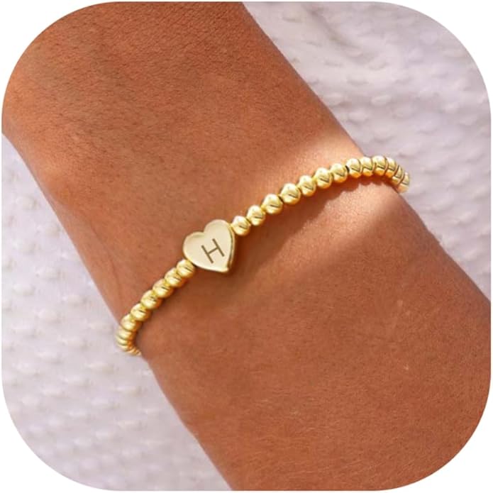Valentines Day Gifts for Women Her - Dainty Beaded Heart Initial Bracelets Letter A-Z Charm Stretch Bead Ball Bracelet Trendy Jewelry Gifts
