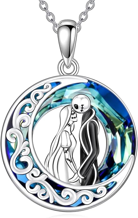 LILALO Nightmare Necklace Sterling Silver Abalone Shell Crystal Jack and Sally Necklace Jack Skellington Skull Jewelry Skull Necklaces for Women