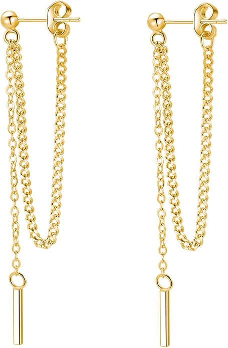 SLUYNZ Solid 925 Sterling Silver Bar Dangle Earrings for Women Minimalist Dangle Earrings Threader Chain