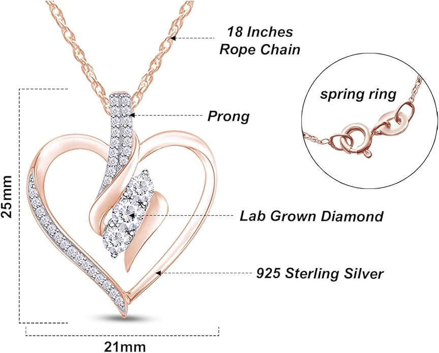 3 Stone Heart Pendant Necklace for Women in 14K Gold Over 925 Sterling Silver, Natural Diamond, Moissanite or Lab-Grown Diamond (0.25 Ct), Dainty Jewelry Gift with 18" Chain for Her Valentine’s Day