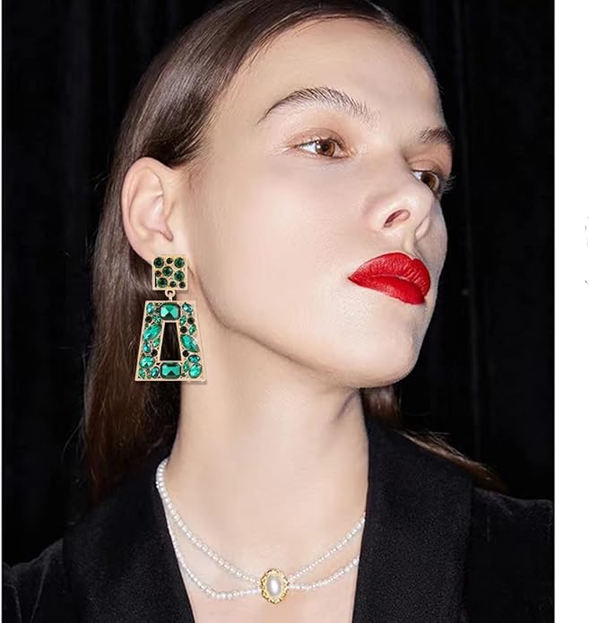 Rhinestone Rectangle Statement Earrings Colorful Crystal Geometric Drop Dangle Earrings for Women Prom Party