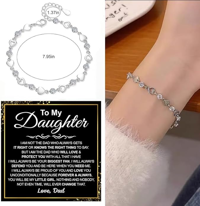 To My Daughter Bracelet, Silver Heart Chain Bracelet with Shiny Stones, Perfect Birthday or Graduation Christmas Gift for Daughter with Message Card Gift Box