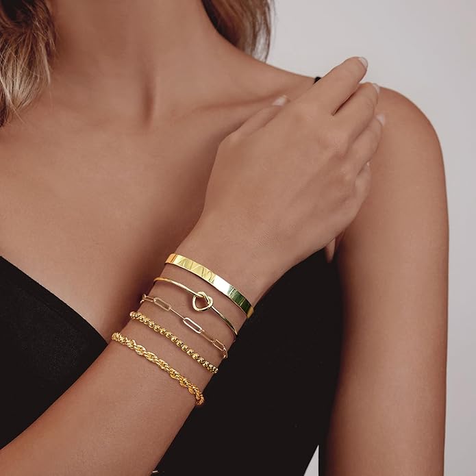 Gold Bracelets for Women 18k Gold Plated Bracelet Stack Bangle Cuff Bracelet Set for Women Non Tarnish Beaded/Paperclip/Cuban Link Chain Bracelets Jewelry for Women Trendy