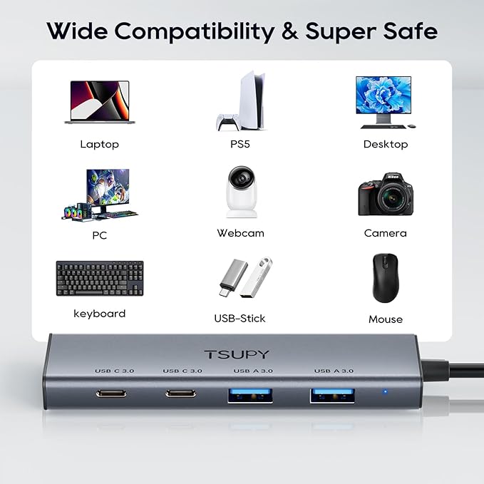 TSUPY Multi USB C USB A 3.0 Hub with 4FT Extended Cable,4 Ports Aluminium USB 3.0 Splitter,2 USB-C & 2 USB-A Ports USB Extender Hub for Laptop, PC, Flash Drive, Mobile HDD,Printer, Mouse, Keyboard