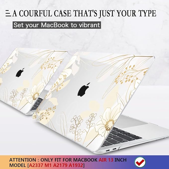 CISSOOK for MacBook Air 13 inch Case 2021 2020 2019 2018 Release Model A2337 A2179 A1932 with Retina Display +Touch ID, Plastic Hard Shell Case + Keyboard Cover for MacBook Air 13 M1, Golden Flowers