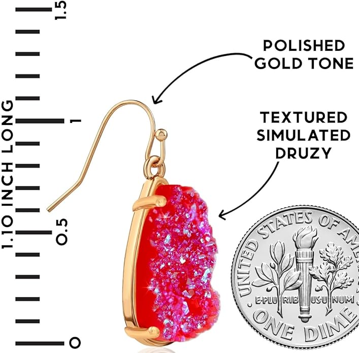 Teardrop Dangle Earrings for Women with Simulated Druzy Stones in Gold or Silver Tone