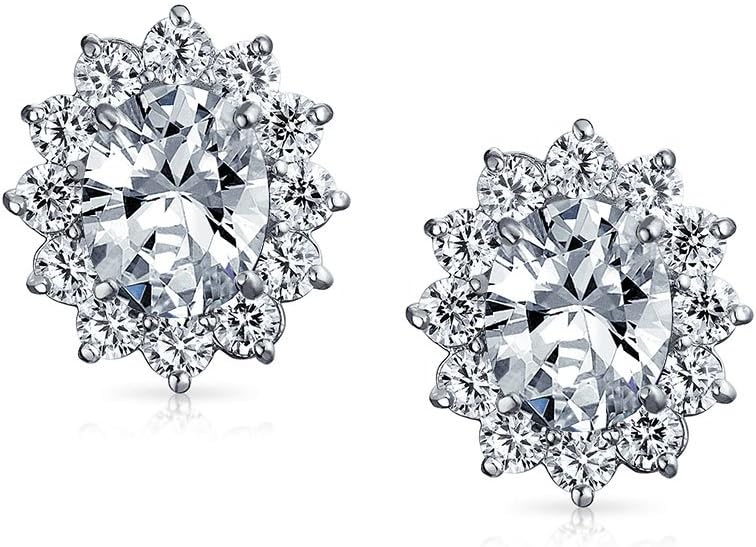 Traditional Classic Bridal Simulated Gemstones Cubic Zirconia AAA CZ Halo Crown Oval Stud Clip On Earrings For Women Wedding Non Pierced Ears Rose Gold Silver Plated