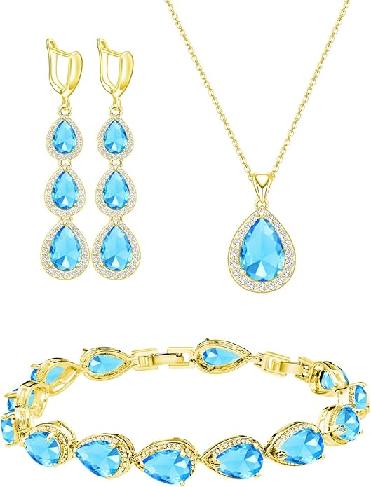 LMXXVJ Necklace Long Earrings Bracelet Set, White Gold Plated Created Blue Sapphire Jewelry Set Wedding Party Gift Jewelry for Women Bridal Bridesmaid