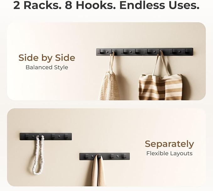 Black Wall Mounted Coat Rack- 2 Modular Rails (25'' Total), 8 Right-Angle Hooks, Modern Organizer for Entryway, Bathroom, Bedroom, Holds Coats, Towels, Hats