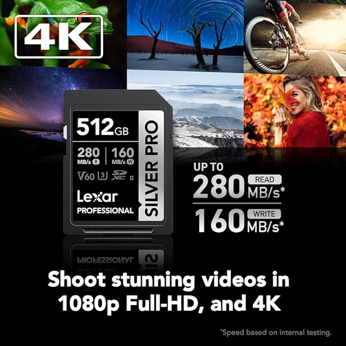 Lexar 512GB Professional SILVER PRO SD Card, UHS-II, C10, U3, V60, Full HD, 4K, Up To 280MB/s Read SDXC Memory Card, for Professional Photographer, Videographer, Enthusiast (LSDSIPR512G-BNNNU)