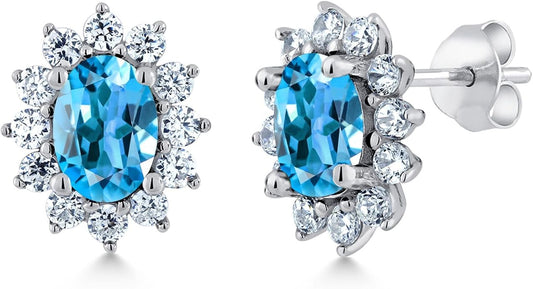 Gem Stone King 7X5MM Oval Gemstone Birthstone Stud Earrings For Women | Princess Diana Royal Halo Style | 925 Sterling Silver | Fine Jewelry Gifts for Anniversary Wedding Her Mom Women Wife