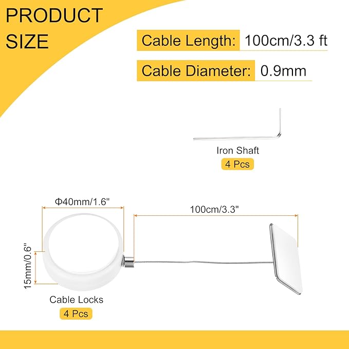 MECCANIXITY 3.3ft Retractable Cable Lock with Square Patch Remote Control Security Lock with Adjustable Cord Tether Anti Theft for Laptop, TV, 150 G, White, 4 Pack