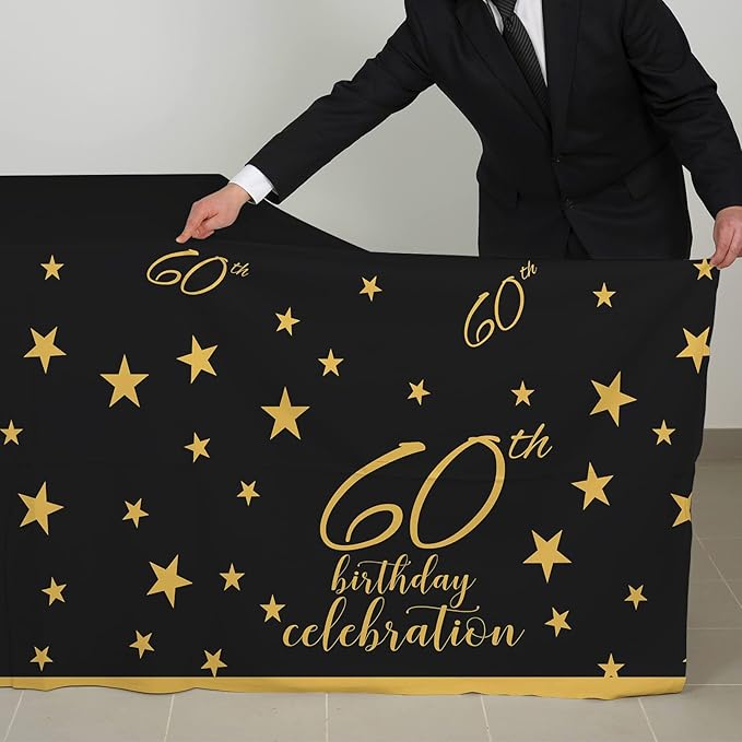 Gatherfun 60th Birthday Disposable Tablecloth 4 Pack Gold and Black Waterproof Plastic Table Cover for Men Woman 60 Birthday Party Decorations