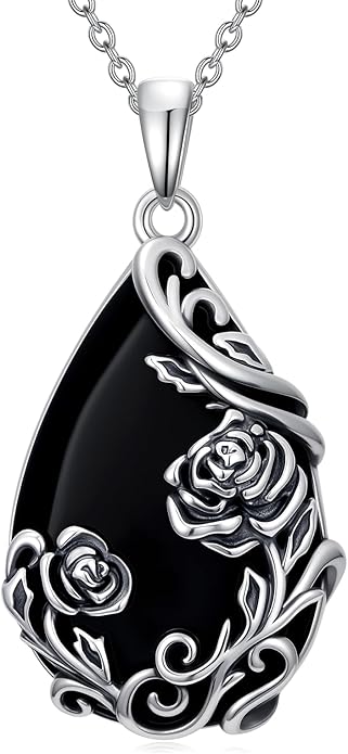 Black Onyx Necklace 925 Sterling Silver Flower Insect Pendant Teardrop Onyx Jewelry Valentines Day Birthday Gifts for Women