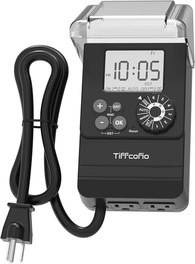 TiFFCOFiO New Digital Outdoor Timer Waterproof, Dial Programmable Method, Outdoor Light Timer with 2FT Extension Cord, 2 Grounded Electrical Outlets for Lights, 6 Sets of Programs, 20A/2500W