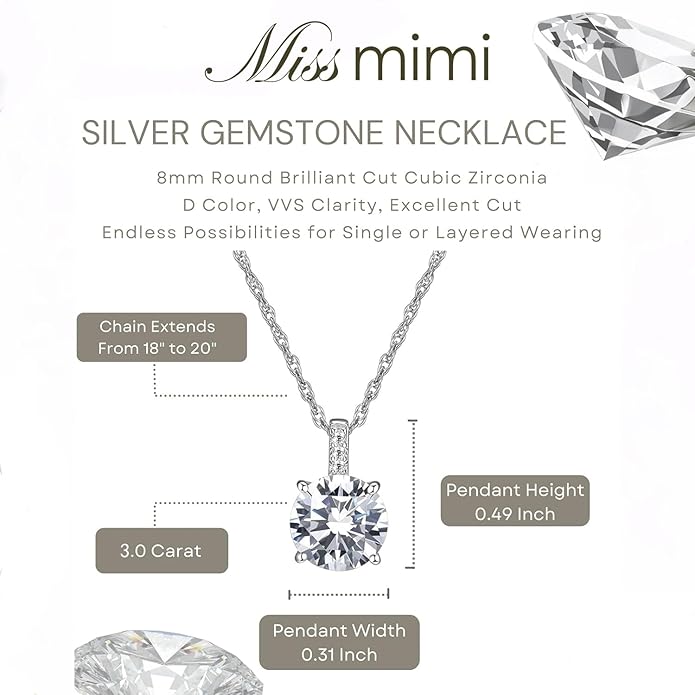 MISS MIMI Solitaire Cubic Zirconia Necklace for Women, 1–3 CT Round,Heart,Princess Cut CZ Options, Bezel or Prong Set in 925 Sterling Silver, Adjustable 16–20" Minimalist Everyday Jewelry