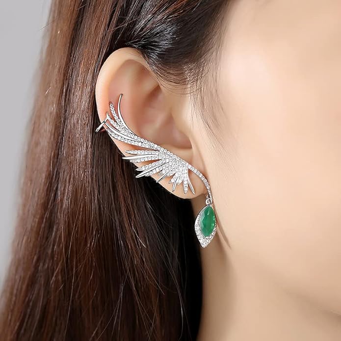 14K Gold Gemstone Feather Clip On Earrings for Women,Dainty Waterdrop Emerald Moissanite Angel Wing Ear Cuff,Fashion Christmas Jewelry Gift for Her