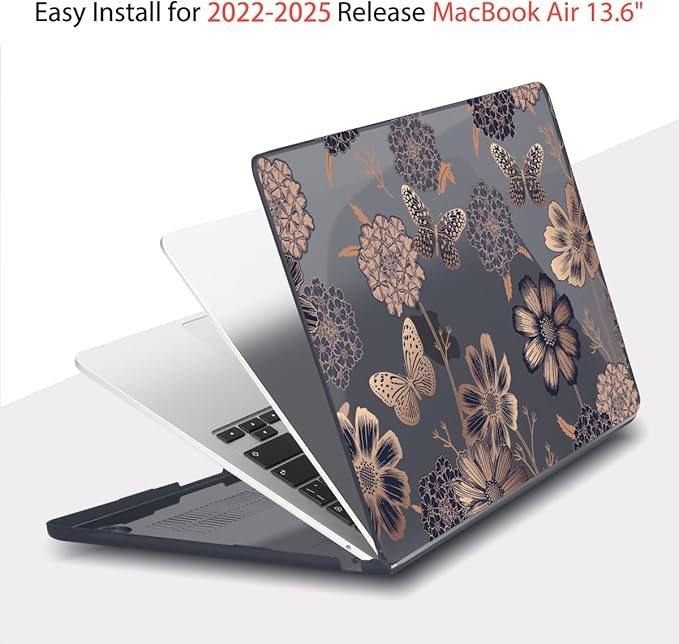 Teryeefi for MacBook Air M2 M3 M4 13.6 Case 2022 2023 2024 2025 Release A2681 A3113 A3240, Clear Hard Shell with Keyboard Cover & USB 3.0 Adapter & Screen Protector, Gold Floral Butterfly