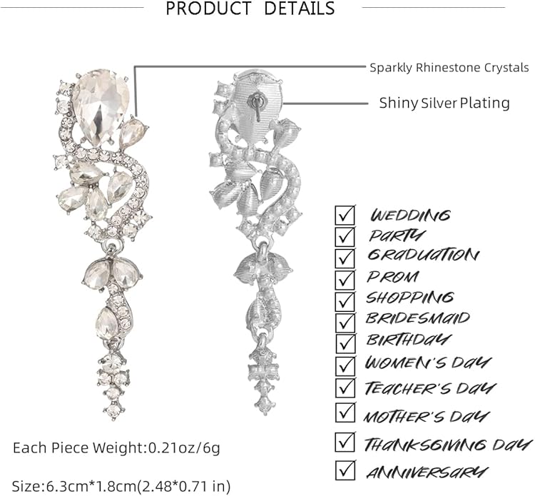 Rhinestone Statement Dangle Earrings Sparkly Crystal Bridal Wedding Earrings for Brides Bridesmaides Chandelier Teardrop Earrings for Women Prom Party