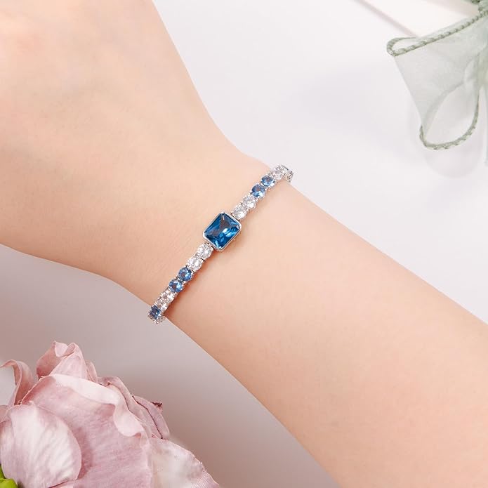 Birthstone Bracelets for Women Birthday Gifts 4CT Radiant Cut Birthstone 4mm Sterling Silver White Gold Tennis Bracelets for Women Round Cut 5A Cubic Zirconia Bezel Setting 7 Inch