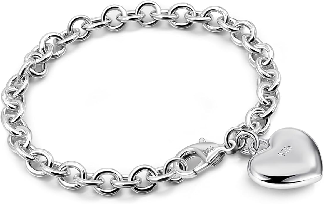Dankadi Women 925 Sterling Silver Round Cable Wire Link Bracelet Charm Heart-Bell-Square-Circle Pendant Chain Bangle Fine Jewelry Gift For Wife Her