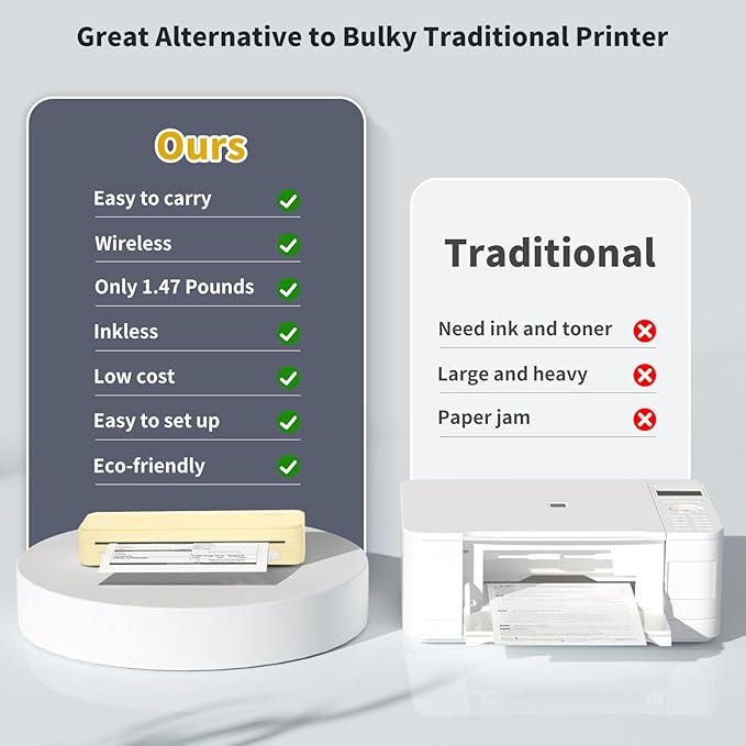 JADENS Portable Printers Wireless for Travel, Thermal Inkless Printer, Support 8.5" X 11" Thermal Paper(Yellow)