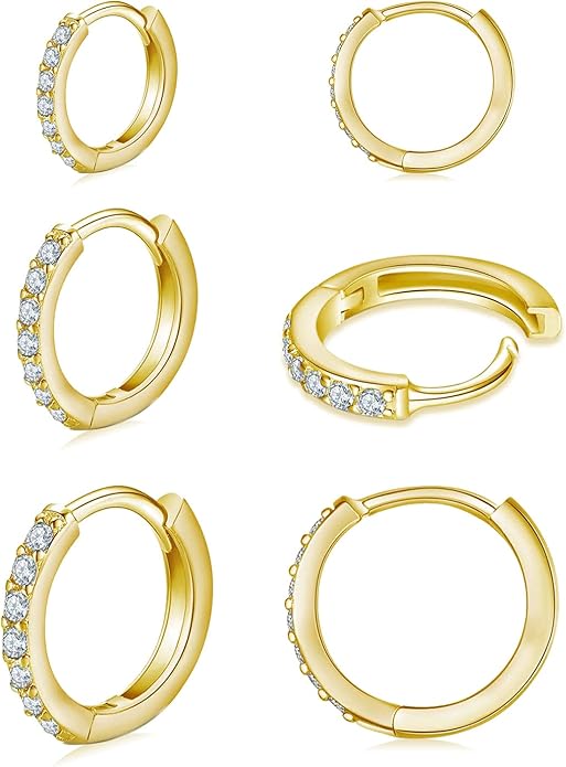 925 Sterling Silver Small Hoop Earrings Cubic Zirconia Huggie Hoop Earrings, 3 Pairs 14K White Gold Plated Cartilage Piercing Earrings Ear Cuff Tiny Hoop Earrings for Women Men