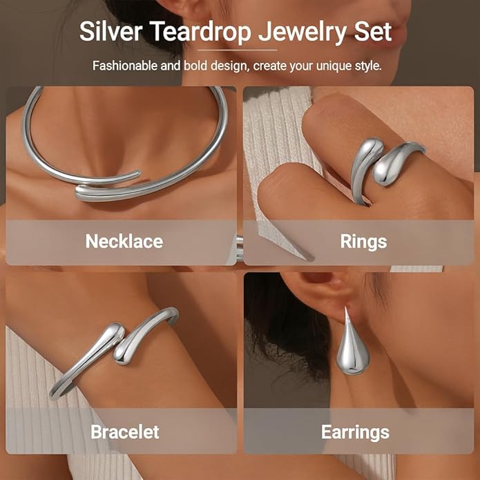 4 Pcs Statement Jewelry Set for Women – 18K Gold Plated Teardrop Necklace, Gold Drop Earrings, Bold Rings & Cuff Bracelets, Elegant Jewelry Gifts for Women