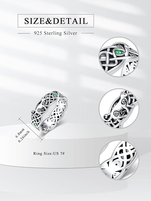 Seiyang Celtic Cat Ring 925 Sterling Silver Irish Trinity Knot Celtic Cat Wedding Promise Ring with 12 Months Birthstone Irish Lucky Jewelry Gifts for Women Mom Her