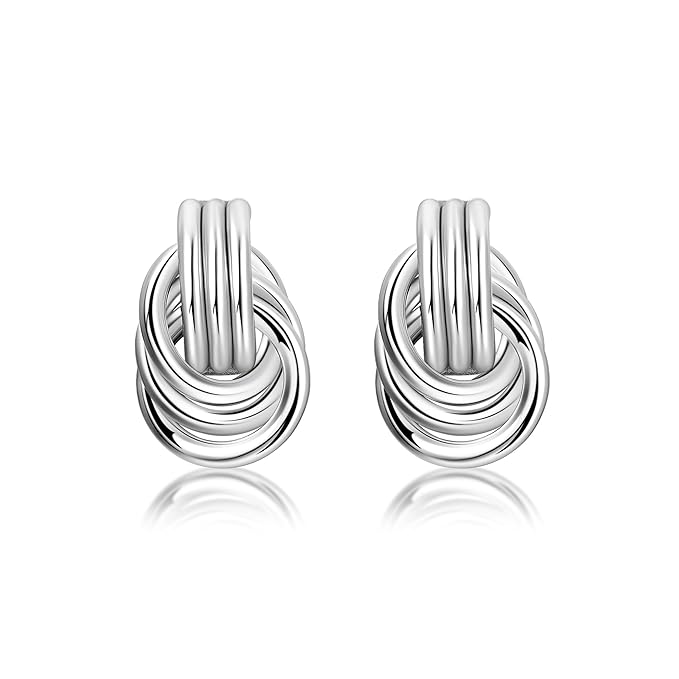 Chunky Silver Knot Link Earrings,Statement Circle Drop Dangle Design, Fashion Jewelry for Women