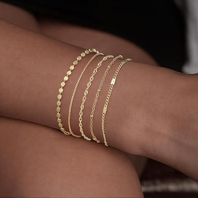 Emibele Gold Bracelets for Women, Dainty Adjustable 14K Gold Plated Bracelet Stack, Elegant Beaded Link Chain Bracelet Sets, Jewelry Gifts for Women