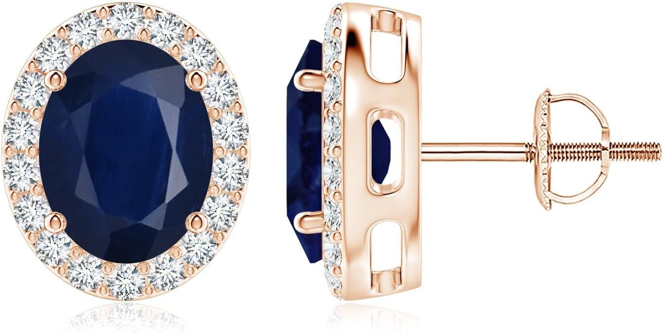 ANGARA Natural Blue Sapphire Earrings for Women | Prong-Set Oval Blue Sapphire Stud Earrings with Diamond Halo in 14K Solid Gold/Platinum | September Birthday, Anniversary, Gemstone Jewellery Gift