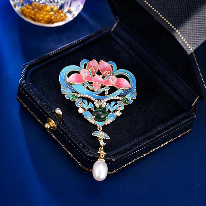 14K Gold Handmade Enamel Water Lily Brooch, Freshwater Pearl Pendant, Elegant Design for Cheongsam, Coats and Chinese Style Outfits