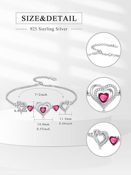 Birthstone Charm Link Bracelet 925 Sterling Silver Rose/Heart/Mom Bracelet with 12 Months Birthstone Mother's Day Gift Jewelry Gifts for Women,Chain Length 7"+2" Extend