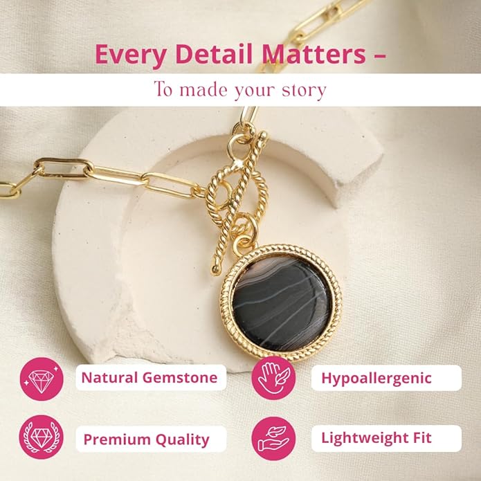 Gempires Gemstone Coin Front Toggle Pendant Necklace for Women with Gold Paperclip Chain, Natural Crystal Pendant with Toggle Clasp, Handcrafted Perfect Jewelry Gift for her