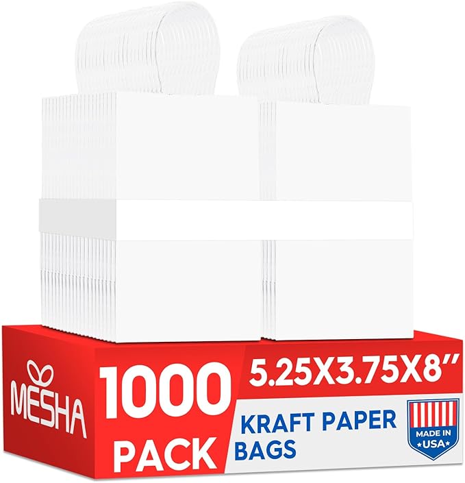 MESHA White Small Gift Bags with Handles Bulk 5.25X3.75X8 1000 Pack,Kraft Paper Bags for Small Business(Made in USA)