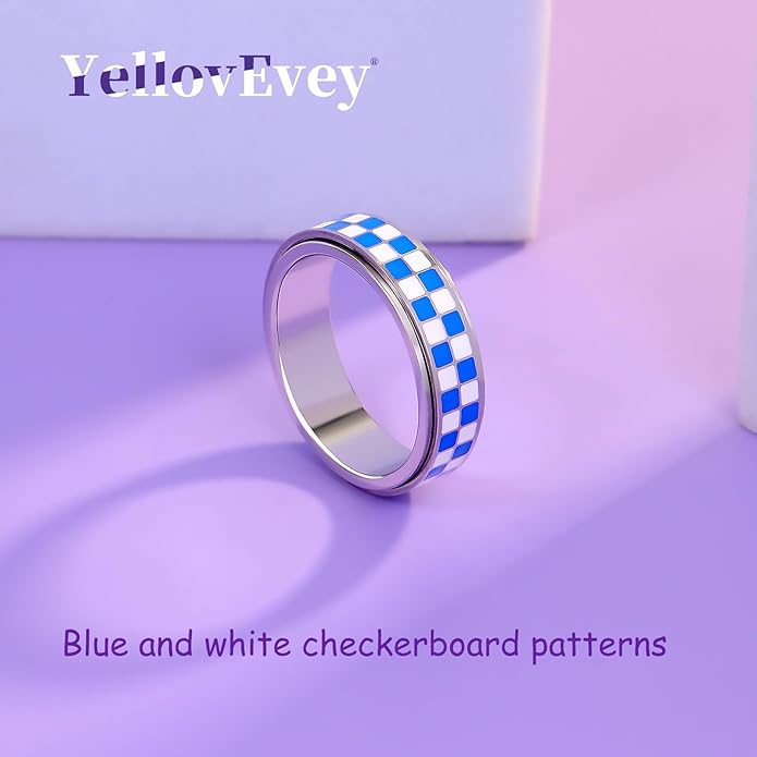 Checkered Fidget Ring For Women - Blue Chessboard Design Band Rings Anxiety & Stress Relief Stacking Spinner Rings, Stainless Steel Spinning Ring Anti-Anxiety Jewelry Gift for Adults