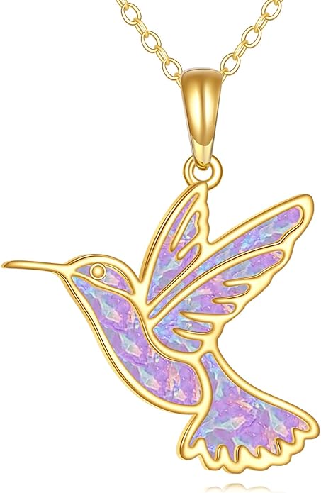 GEHN Hummingbird Necklace 14K Solid Gold Opal Hummingbird Pendant Necklace Hummingbird Jewelry Bird Gifts for Women Lover
