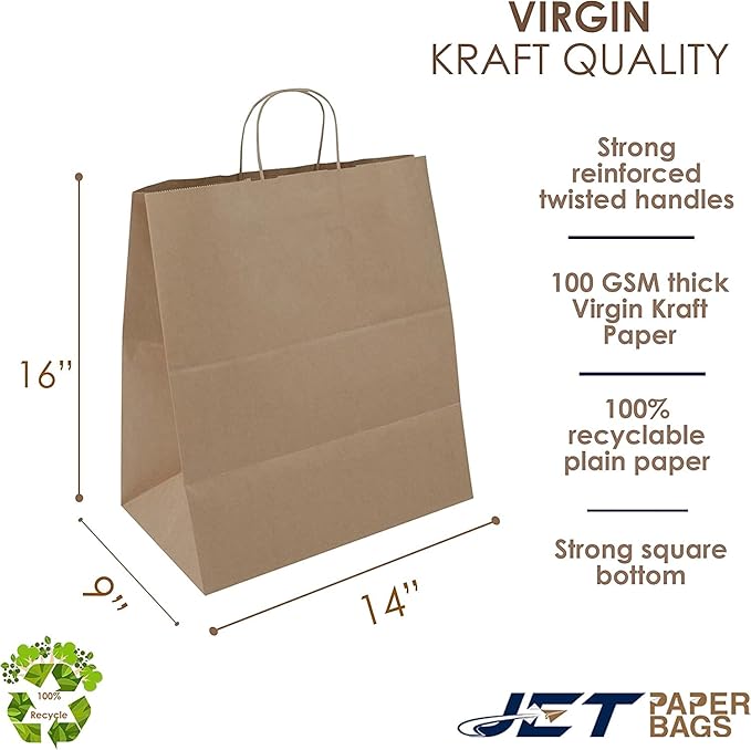 JET PAPER BAGS - 14”x9”x16” Inch [200 Pcs] Large Brown Paper Bags with Handles Prime for Takeout, Grocery, Goody, Retail, Party, Gifts, Weddings
