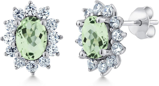 Gem Stone King 7X5MM Oval Gemstone Birthstone Stud Earrings For Women | Princess Diana Royal Halo Style | 925 Sterling Silver | Fine Jewelry Gifts for Anniversary Wedding Her Mom Women Wife