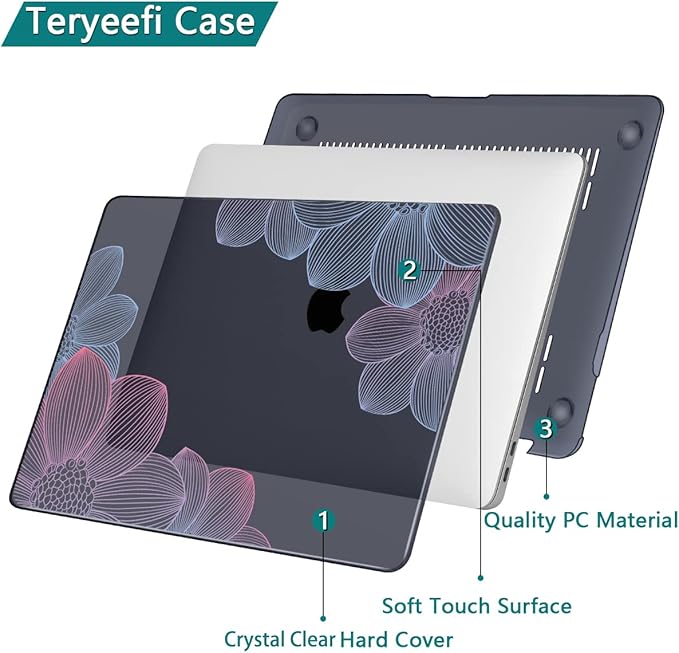 Teryeefi for MacBook Pro 13 inch Case M2 M1 2022 2020-2016 Release (Model A2338 A2289 A2251 with Touch Bar), Plastic Hard Shell Case & Keyboard Cover & Screen Protector, Hand-Drawing Floral