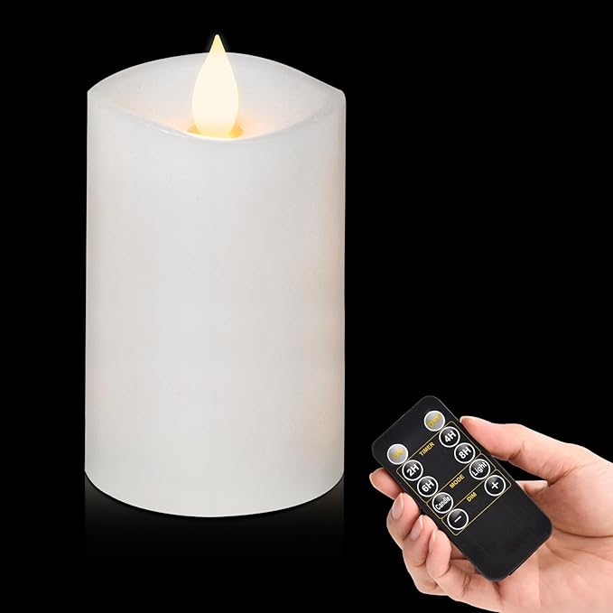 1PCS, 3 x 5 inches Flameless Candle with Remote Control, Real Wax Pillar LED Candles, Battery Candles,with Timer, 3D Flickering Wick,for Holiday Home Decor,White
