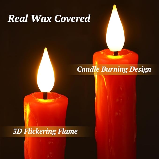 OCATO Flameless Candles with Remote Timer: 8 Pcs Battery Operated Window Candles 9.6" Real Wax LED Flickering Flameless Taper Candles 3D Wick Lights Halloween Christmas Wedding Party Decorations Red
