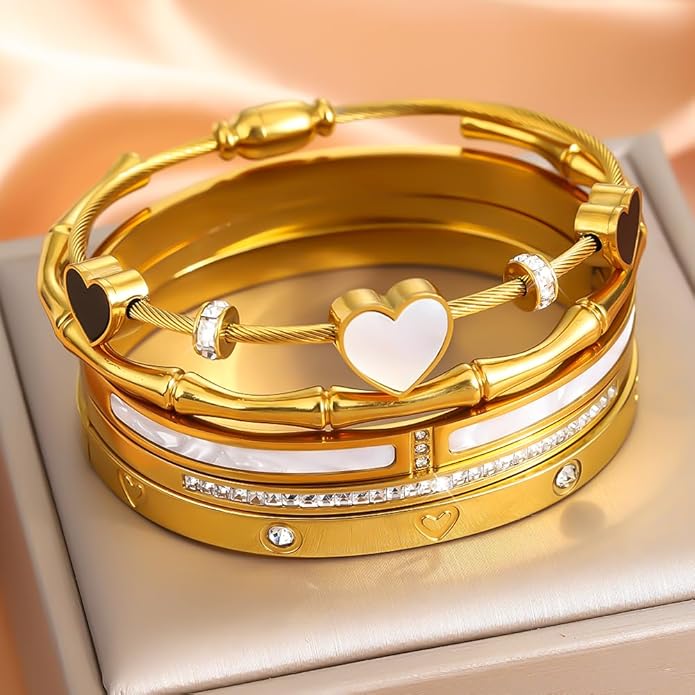 ZhiRui Women's 18K Gold Plated Stackable Bracelet Set - Waterproof Mother of Pearl Heart Cubic Zirconia Jewelry Gifts for Women