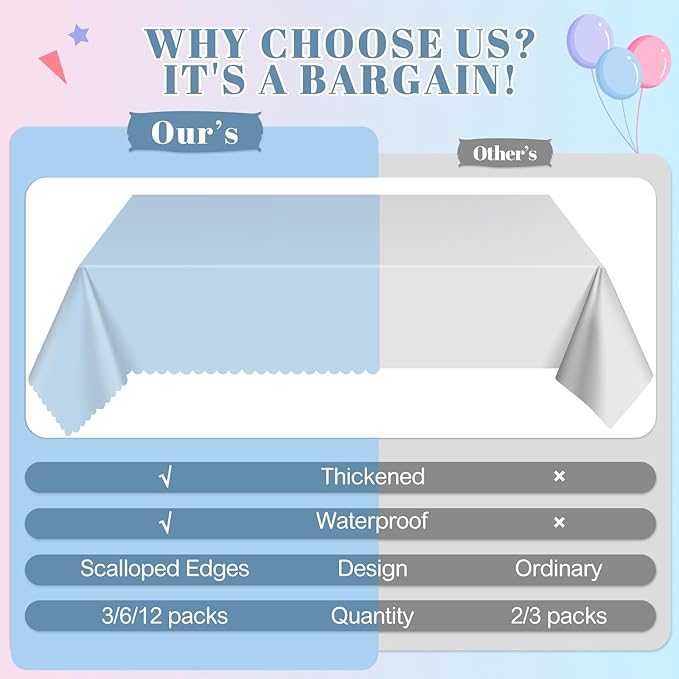 6 Pack Gender Reveal Plastic Tablecloth, 54 X 108 Inch Pink and Blue Disposable Scalloped Table Cloth for Rectangle Table Spring Tablecloth for Gender Reveal Baby Shower BBQ Picnic Birthday Party
