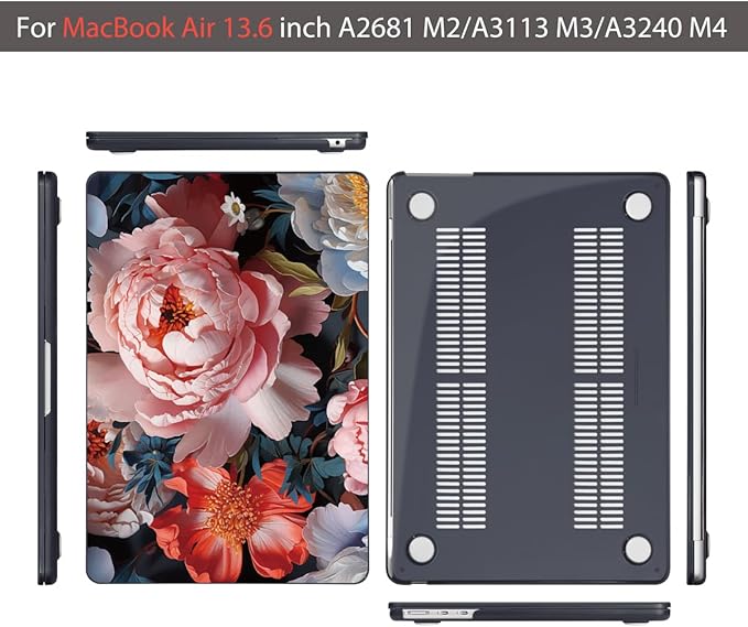 Teryeefi Compatible with A2681 A3113 A3240 MacBook Air 13.6 inch Case M2 M3 M4 Release 2022 2023 2024 2025,Design Slim Cover+Keyboard Cover+OTG Adapter for 13.6 inch MacBook Air, Colorful Peonies