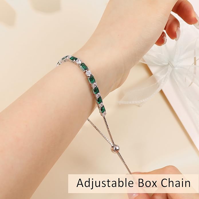 Birthstone Tennis Bracelets for Women White Gold Sterling Silver Gemstone Bracelets Adjustable Chain 6-9 Inchs Jewelry Anniversary Birthday Gifts for Women Mom Wife Her