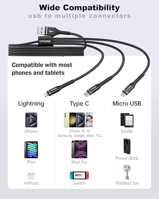 Multi Charging Cable 2Pack 6FT, 3 in 1 Charger Cable Braided Universal Phone Charging Cord with Lightning/Type C/Micro USB Ends, Multiple USB Cable for iPhone/Samsung/Google Cell Phones and More