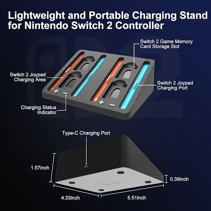 Switch 2 Controller Charger, 4 in 1 Charging Dock for Nintendo Switch 2 Controller Charger Station Storage Stand with USB Cable,Black
