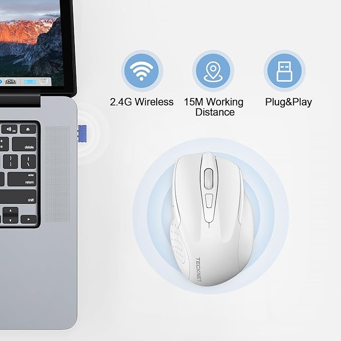 TECKNET Rechargeable Wireless Mouse, 2.4G Silent Mouse, Quiet Click, 6 Adjustable 4800 DPI, Cordless Computer Mouse, Ergonomic Mouse for Laptop, 6 Buttons USB Mouse for Chromebook, Ergo Grip - White